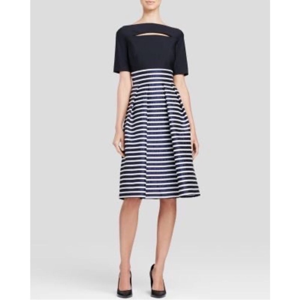 Kay Unger New York Mixed Media Scuba Stripped Fit & Flare Short Sleeve Dress 4